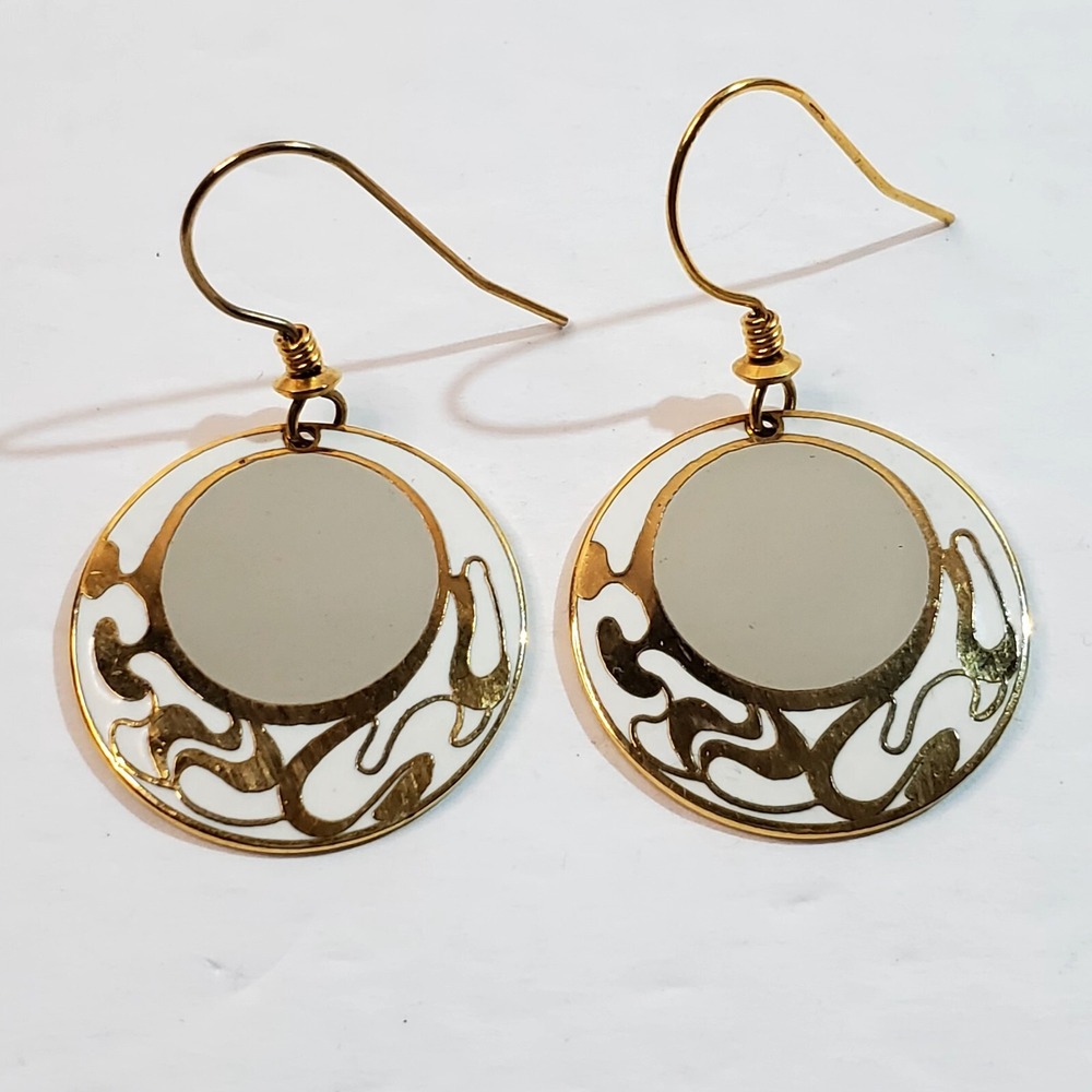 Vintage Roccoco Gold Tone and White Enamel Round Dangle Earrings Boho
